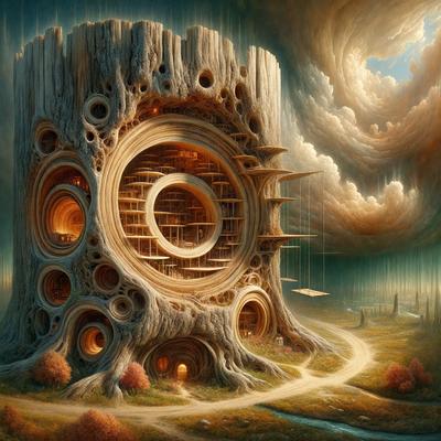 The primary subject of the image is a large, intricately carved tree with a hollow center. The tree is surrounded by a lush green forest, creating a serene and natural atmosphere. The visual style of the image is a combination of digital art and illustration, with the tree and its surroundings depicted in vivid colors. The colors and mood of the image are predominantly warm and inviting, with the tree serving as a focal point and a symbol of growth and connection to nature.